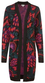 Baumwoll-Mix-Strickjacke mit langem Schnitt, offenem Frontdesign, schwarzem Rand und farbenfrohem floralem Muster in Rot, Lila und Grün, lange Ärmel, gerippte Bündchen an Ärmeln und Saum.