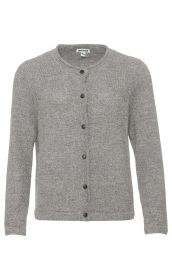 Graue Alpaka-Strickjacke mit Rundhalsausschnitt und langen Ärmeln, durchgehende Knopfleiste mit sechs schwarzen Knöpfen, einfacher Feinstrick, gerade geschnitten, ohne Muster oder Verzierungen