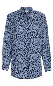 Damen Viskose-Bluse mit langem Arm, schwarz-blauer Blumenmusterdruck, Knopfleiste vorne, klassischer Kragen, leicht tailliert, Größe 38, eleganter und leichter Stoff
