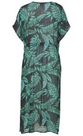 Viskose-Kaftan in Schwarz mit grünem Tropenblattmuster, kurze Ärmel, knielang, transparent, lockere Passform, Rückansicht, leichter Sommerstoff