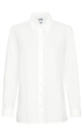 Weiße Baumwoll-Bluse mit langen Ärmeln, durchgehender Knopfleiste, spitzem Kragen und Manschetten mit feiner Lochmuster-Verzierung, geradem Saumabschluss, klassischer Schnitt