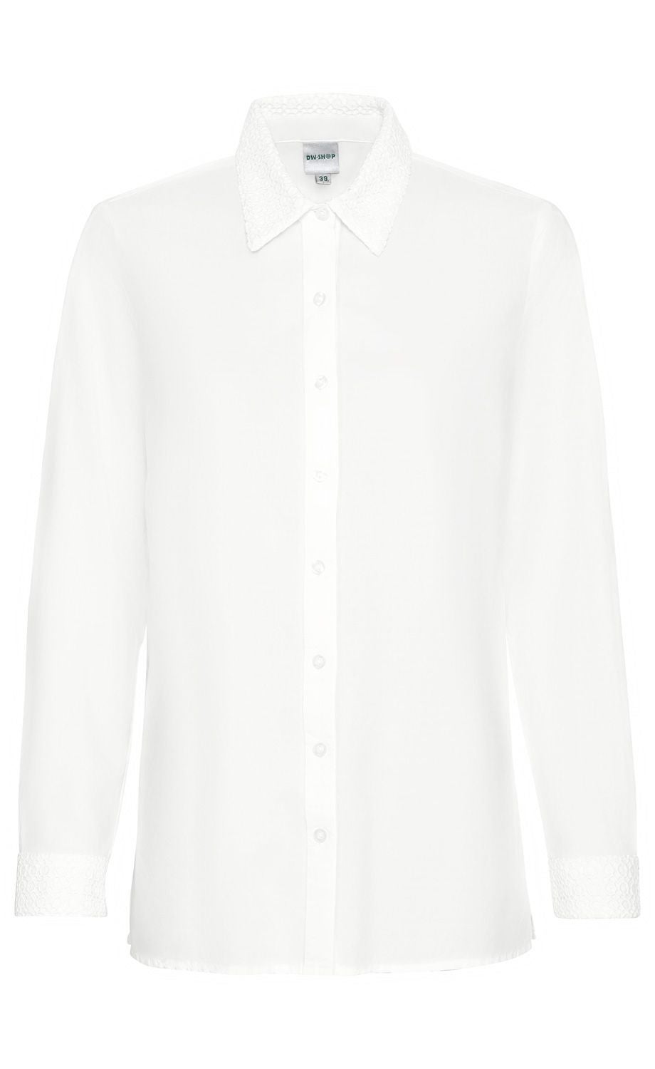 Weiße Baumwoll-Bluse mit langen Ärmeln, durchgehender Knopfleiste, spitzem Kragen und Manschetten mit feiner Lochmuster-Verzierung, geradem Saumabschluss, klassischer Schnitt
