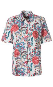 Baumwoll-Bluse mit kurzem Arm, weißer Grundfarbe, bunter floraler Musterung in Rot, Blau, Beige und Pink, Knopfleiste vorne, klassischer Hemdkragen, Größe 38 sichtbar im Inneren.
