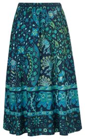 Viskose-Rock mit elastischem Bund, dunkelblau mit türkisgrünem Paisley- und Blumenmuster, breite Bordüre mit Elefantenmotiv am Saum, leicht ausgestellt, knielang