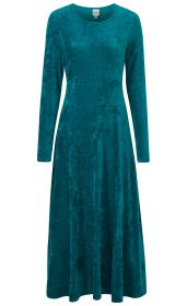 Viskose-Mix-Kleid in Dunkeltürkis mit langem Arm, Rundhalsausschnitt, tailliertem Schnitt und fließendem, knielangem Rock, samtartige Optik, Größe 38, schlicht und elegant