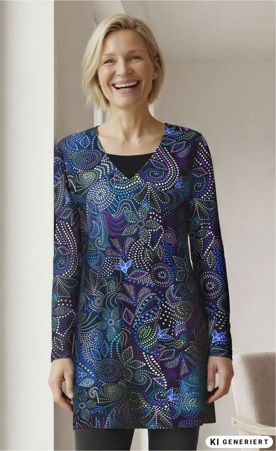 Frau trägt langärmeliges Baumwoll-Mix-Shirt mit V-Ausschnitt, blau-lila Muster mit Punkten und abstrakten floral wirkenden Motiven, lächelnd, steht vor hellem Hintergrund, schwarze Leggings sichtbar