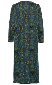 Baumwoll-Hauskleid in dunklem Grün mit langem Schnitt, 3/4-Ärmeln und farbigem Muster aus Blumen und dekorativen Formen in Blau, Grün, Orange und Schwarz, Rückansicht