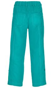 türkisfarbene Baumwoll-Mix-Hose für Kinder, Rückansicht, elastischer Bund, zwei aufgesetzte Gesäßtaschen mit sichtbaren Nähten, gerade geschnittene Beine mit Knopfverschluss an den Säumen