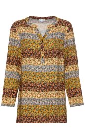 Viskose-Tunika mit langem Arm, V-Ausschnitt und dreiknöpfiger Blende, gestreift in Mustern aus Gelb, Orange, Schwarz, Beige und Blau in Paisley-Design