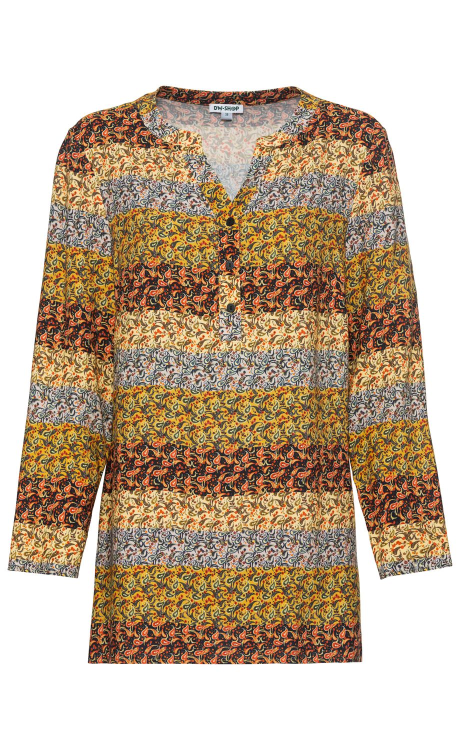 Viskose-Tunika mit langem Arm, V-Ausschnitt und dreiknöpfiger Blende, gestreift in Mustern aus Gelb, Orange, Schwarz, Beige und Blau in Paisley-Design