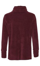 Rückansicht eines langärmligen Baumwoll-Shirts in dunkelrot mit hohem, gerafftem Kragen und raffinierten Falten an den Ärmeln, schlichtes Design ohne Muster oder Aufdruck