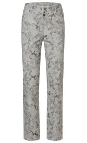 Baumwoll-Mix Hose in hellem Grau mit floralem Muster in zarten Rosa- und Brauntönen, gerade geschnitten, Gürtelschlaufen, Taschen vorne, Knopf- und Reißverschluss vorne.