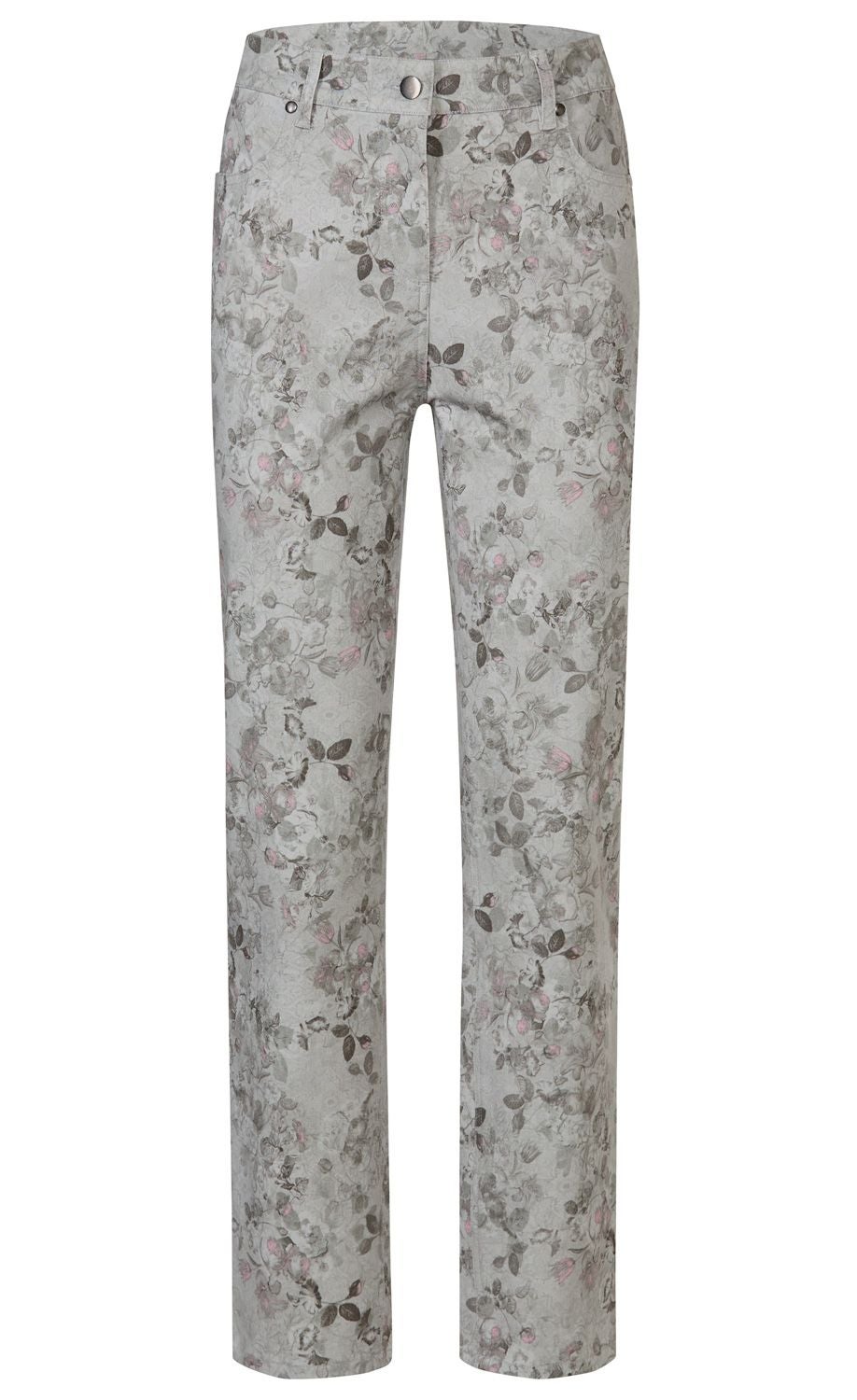 Baumwoll-Mix Hose in hellem Grau mit floralem Muster in zarten Rosa- und Brauntönen, gerade geschnitten, Gürtelschlaufen, Taschen vorne, Knopf- und Reißverschluss vorne.