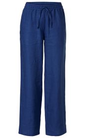 Dunkelblaue Leinen-Hose mit weitem Bein, elastischem Bund und Kordelzug, vorne mit aufgesetzten Taschen, casual und bequem, ideale Sommerhose