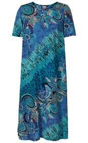 Viskose-Kleid mit kurzem Arm, blau-türkises florales Muster, rundem Halsausschnitt, knielang, leicht ausgestellter Schnitt, modern und bequem, ideal für sommerliche Anlässe