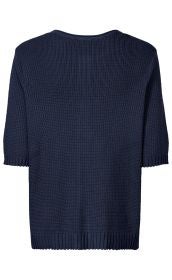 Dunkelblaue Baumwoll-Strickjacke mit kurzem Arm, geripptem Saum und Rundhalsausschnitt, Rückansicht, feinstrukturiertes Strickmuster, locker geschnitten, schlichtes Design