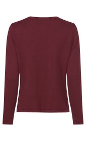Leinen-Mix-Strickjacke in dunkelrot, Rückenansicht, langärmlig, feine Strickstruktur, gerade Passform, ohne Muster oder Verzierungen, schlicht und elegant, sauber verarbeiteter Saum und Ärmelabschluss