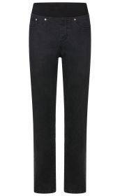 Schwarze Damenjeans mit elastischem Bund, schmal zulaufendem Bein, 5-Pocket-Stil und silbernen Nieten an den vorderen Taschen, ohne sichtbaren Verschluss, aus Denim-Material.