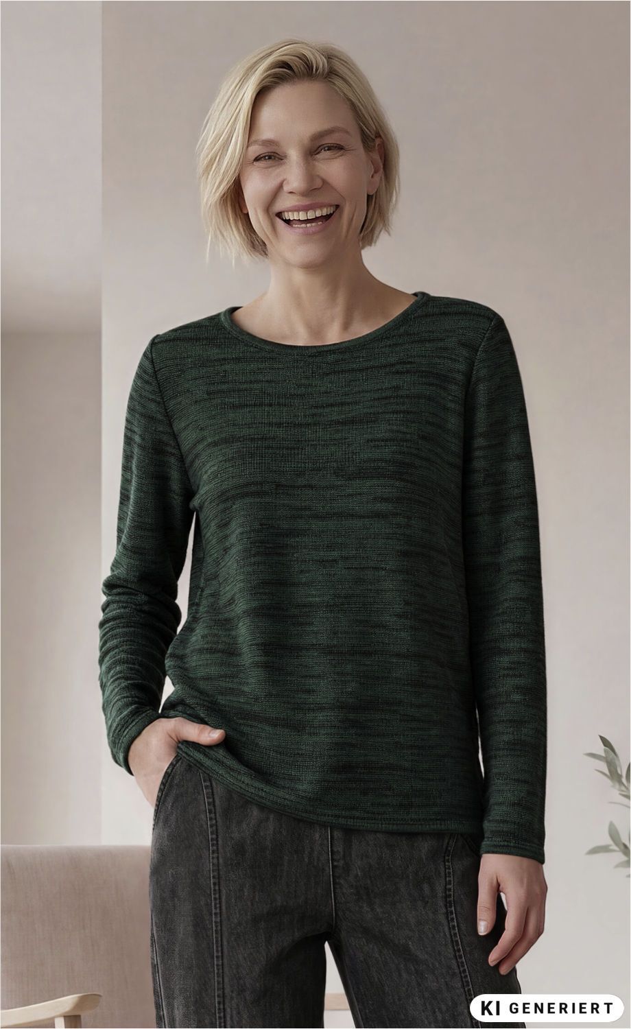 Frau mit kurzem blondem Haar trägt grünen Baumwoll-Pullover mit dezentem Muster, steht entspannt mit einer Hand in der Hosentasche, lächelt, trägt dunkle Jeans, heller neutraler Hintergrund