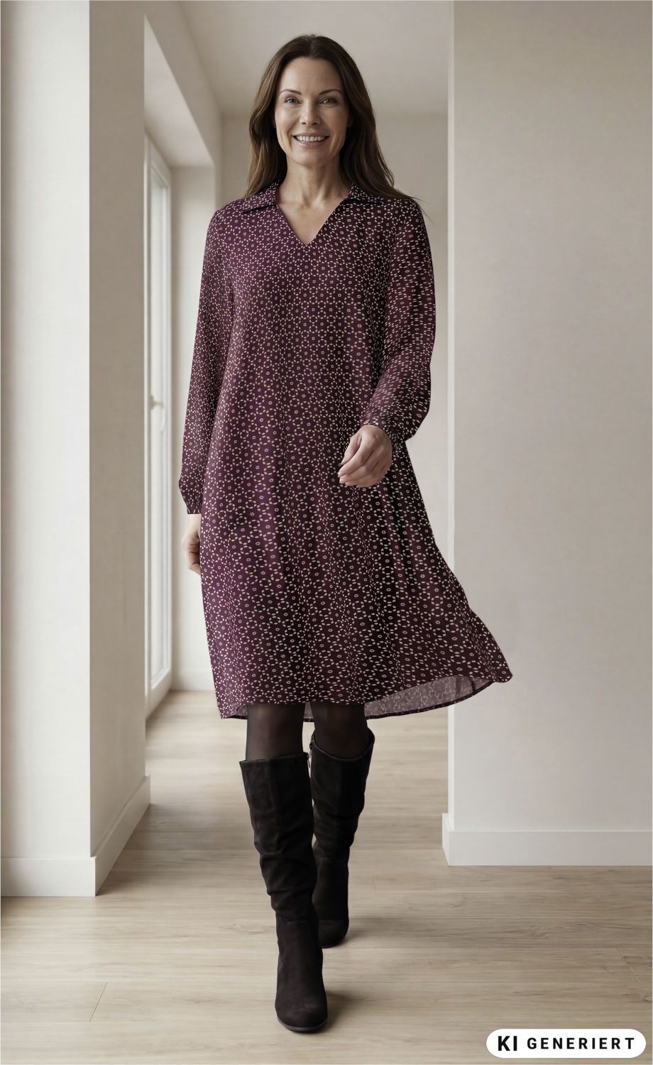 Frau trägt weinrotes, gemustertes Viskose-Kleid mit V-Ausschnitt und Kragen, schwarze Strumpfhose und schwarze kniehohe Stiefel, steht in hellen Raum mit Holzboden und Fenster im Hintergrund, lächelnd