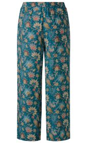 Viskose-Hose mit elastischem Bund, weiter Schnitt, türkisfarbener Hintergrund mit floralem Muster in Weiß, Braun, Rot und Olivgrün.