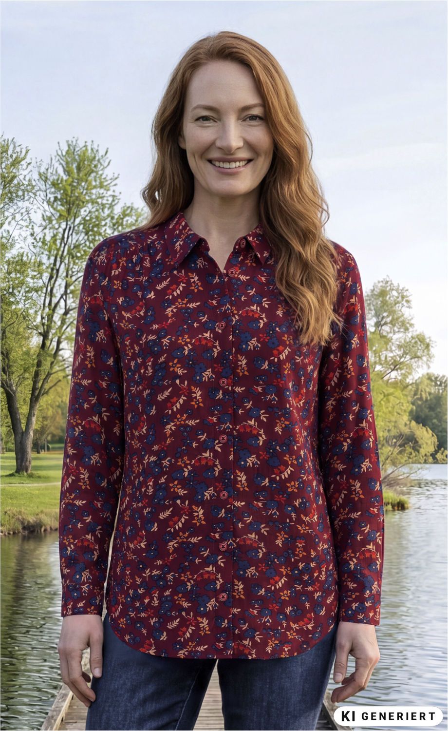 Frau mit roten Haaren trägt rote Viskose-Bluse mit floralem Muster in Blau und Orange, steht lächelnd am Seeufer, bewachsene Bäume im Hintergrund, trägt blaue Jeans