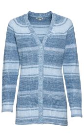 Baumwoll-Strickjacke für Damen in Blau- und Weißtönen, V-Ausschnitt, durchgehende Knopfleiste mit fünf blauen Knöpfen, lange Ärmel, zwei aufgesetzte Fronttaschen, feingestricktes Muster, taillierte Passform.