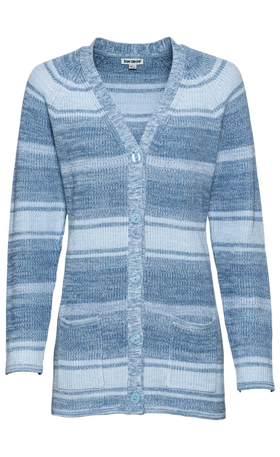Baumwoll-Strickjacke für Damen in Blau- und Weißtönen, V-Ausschnitt, durchgehende Knopfleiste mit fünf blauen Knöpfen, lange Ärmel, zwei aufgesetzte Fronttaschen, feingestricktes Muster, taillierte Passform.