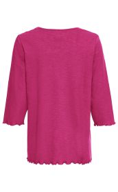 Baumwoll-Shirt in Pink mit 3/4-Ärmeln, gewelltem Abschluss an Ärmeln und Saum, unifarben, Rückansicht, schlichter Rundhalsausschnitt, lockere Passform