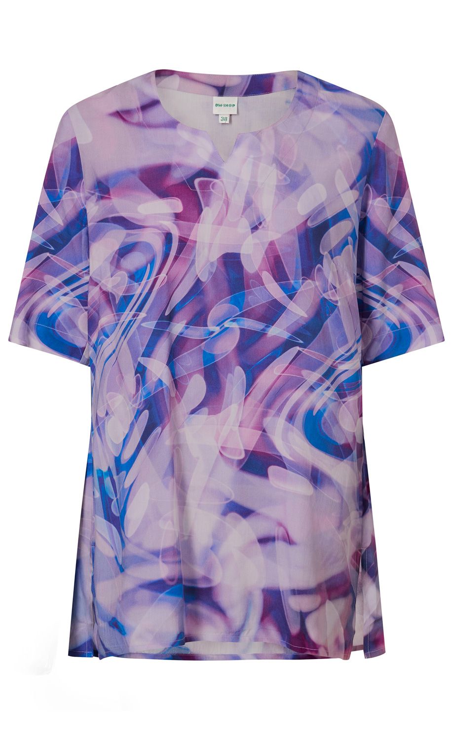 Viskose-Tunika in fließendem Schnitt mit halblangen Ärmeln, abstraktem Muster in Lila, Blau und Rosa, Rundhalsausschnitt mit kleinem V-Schlitz, leichter, transparenter Stoff