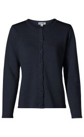 Dunkelblaue Leinen-Mix-Strickjacke für Damen mit Rundhalsausschnitt, langen Ärmeln und durchgehender Knopfleiste vorne, schlichtes Design, gerade geschnitten, leichte Struktur, Label am Kragen sichtbar