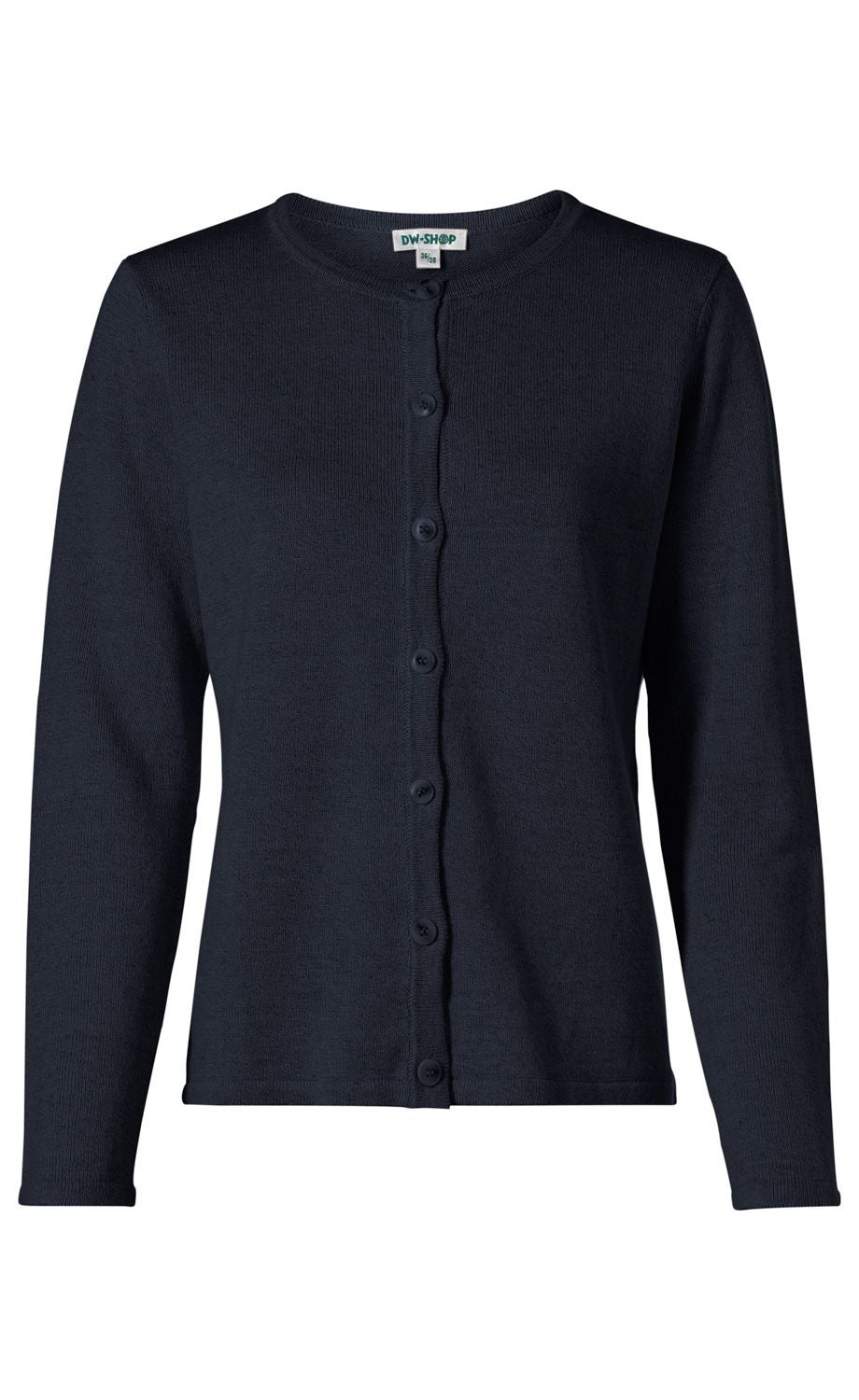 Dunkelblaue Leinen-Mix-Strickjacke für Damen mit Rundhalsausschnitt, langen Ärmeln und durchgehender Knopfleiste vorne, schlichtes Design, gerade geschnitten, leichte Struktur, Label am Kragen sichtbar