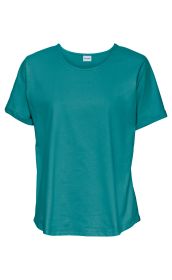 Baumwoll-Shirt in Türkis mit Rundhalsausschnitt, kurzärmlig und locker geschnitten, Ärmel leicht umgeschlagen, schlichtes Design ohne Muster oder Aufdruck