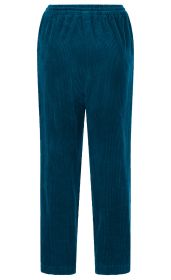 Dunkelblaue Cordhose mit geradem Bein, elastischem Bund und feinen vertikalen Streifen, ohne sichtbare Taschen oder Verzierungen, auf weißem Hintergrund.