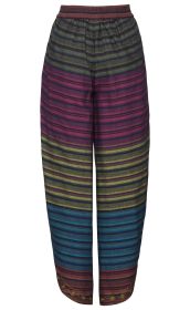 Baumwoll-Hose mit elastischem Bund, gerade geschnitten, mehrfarbig horizontal gestreift in Rot, Blau, Grün und Gelb, am Saum mit aufgenähten gelben Punkten verziert