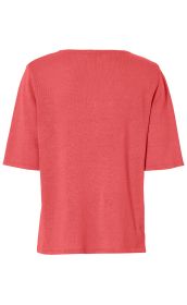 Leinen-Mix-Pullover in korallenrot, kurzärmelig, gerader Schnitt, Rückansicht, feine Strickstruktur, Rundhalsausschnitt, einfache Abschlüsse an Ärmeln und Saum, legeres Design