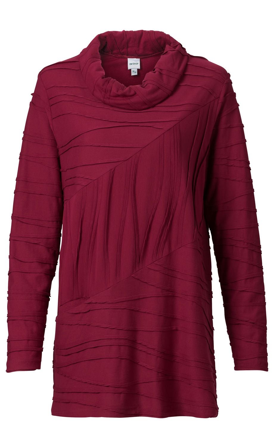 Damen Baumwoll-Shirt in Bordeauxrot mit langem Arm, asymmetrischem Strukturdesign und lockerem Rollkragen, leichte Falten und horizontale Stoffstreifen als dekoratives Muster, gerade geschnitten.
