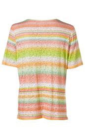Viskose-Mix-Shirt Rückansicht, kurzärmelig, mit buntem horizontalem Muster in Orange, Grün, Gelb und Weiß, leicht transparent, gerader Schnitt, Rundhalsausschnitt