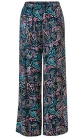 Viskose-Hose mit weitem Schnitt, elastischem Bund, schwarzem Hintergrund, abstraktem Paisley-Print in Blau, Grün, Rosa und Rot, leichte, fließende Qualität, bequem und modisch