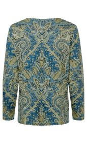 Baumwoll-Shirt mit langem Arm, Rückansicht, blau-beige Paisley-Muster mit floralem und ornamentalen Design auf leichtem Stoff