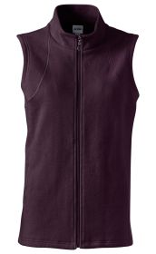 Baumwoll-Fleece-Weste in Dunkelviolett, ärmellos mit Stehkragen, durchgehendem Frontreißverschluss und sichtbaren Nähten, weiches, warmes Material, schlichtes Design ohne Taschen.