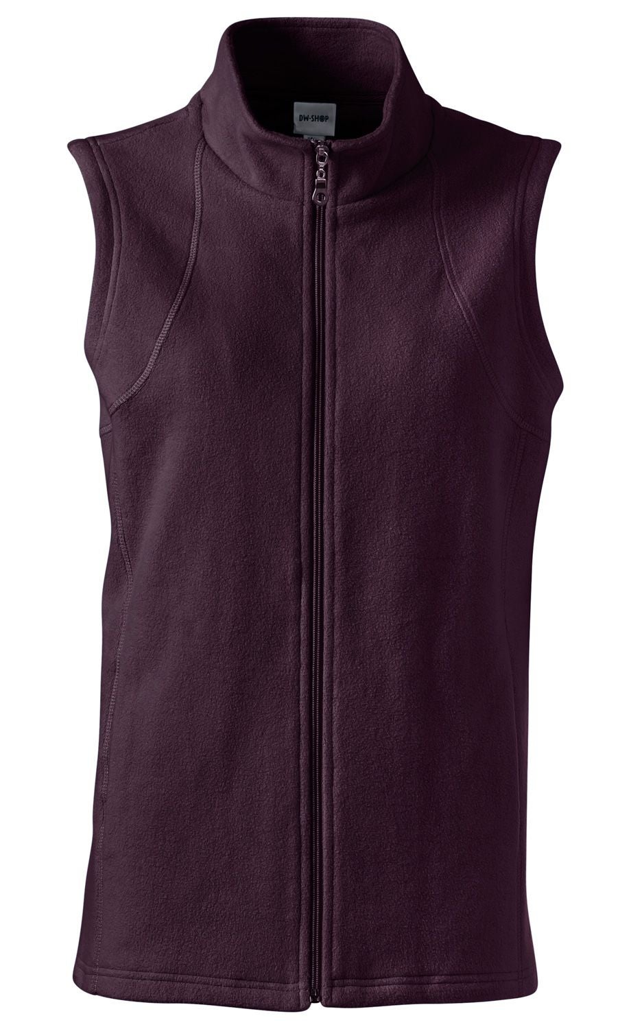 Baumwoll-Fleece-Weste in Dunkelviolett, ärmellos mit Stehkragen, durchgehendem Frontreißverschluss und sichtbaren Nähten, weiches, warmes Material, schlichtes Design ohne Taschen.