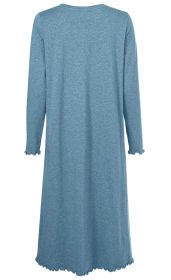 blaues langärmeliges Kleid mit Rundhalsausschnitt, wellenförmigem Saum und Ärmelsaum, glatter Stoff, Rückansicht