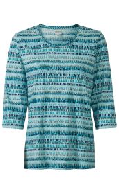 Baumwoll-Shirt in Hellblau mit abstraktem, mehrfarbigem Muster in Türkis, Blau und Grau, Rundhalsausschnitt und 3/4-Ärmeln