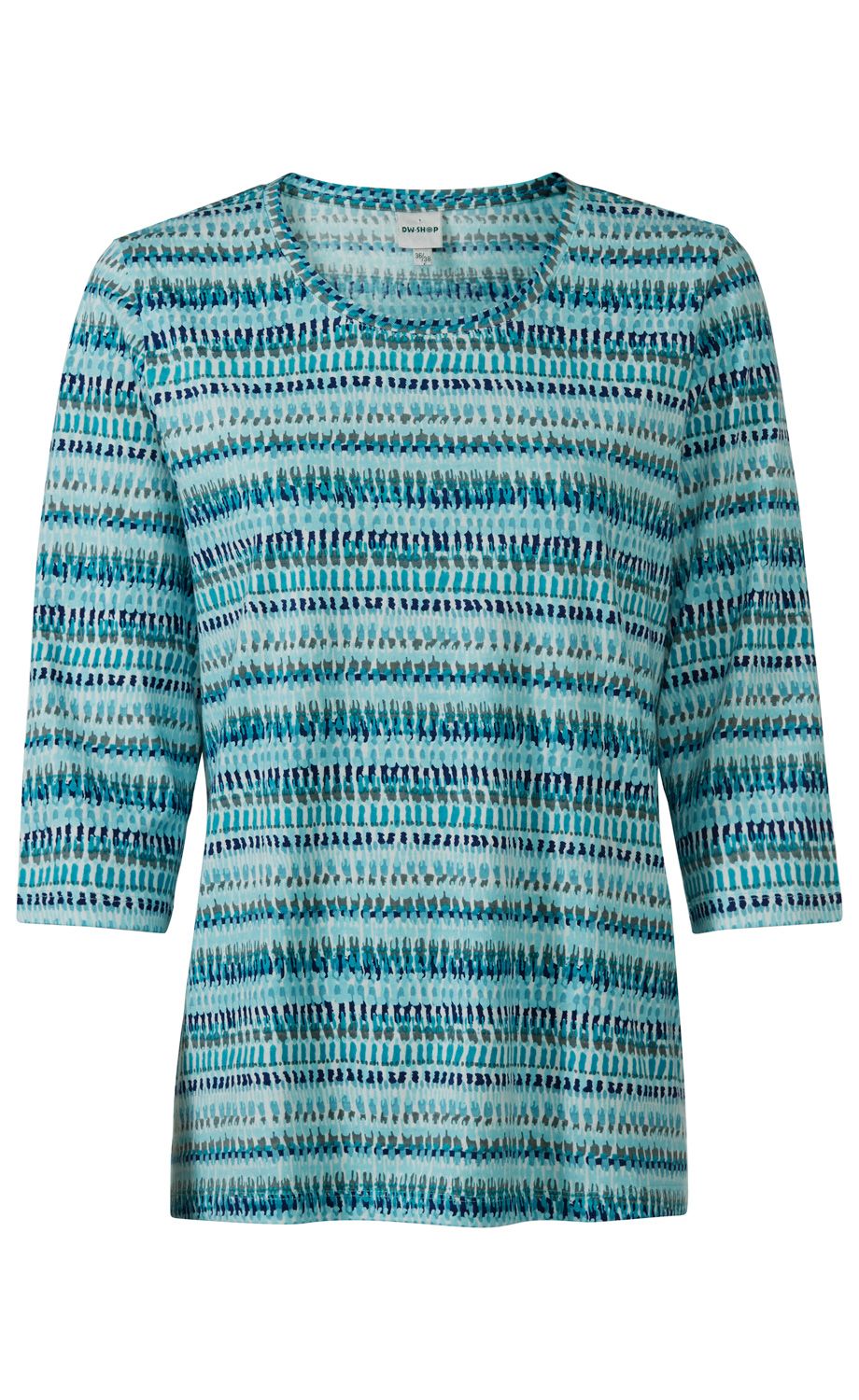 Baumwoll-Shirt in Hellblau mit abstraktem, mehrfarbigem Muster in Türkis, Blau und Grau, Rundhalsausschnitt und 3/4-Ärmeln