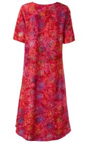 Rotes Viskose-Kleid mit kurzen Ärmeln, A-Linien-Schnitt, floralem Muster in Blau, Gelb und Weiß, weichem, leicht glänzendem Stoff, Rückenansicht.