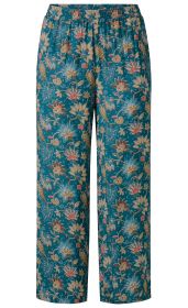 Türkisblaue Viskose-Hose mit elastischem Bund, weiter Schnitt, allover Blumenmuster in Beige, Braun, Weiß und Korallenrot