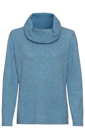 Hellblauer Yak-Mix-Pullover mit langem Arm und weitem, gerolltem Rollkragen, feine Strickstruktur, gerade Passform, ohne Muster, unifarbener Damenpullover