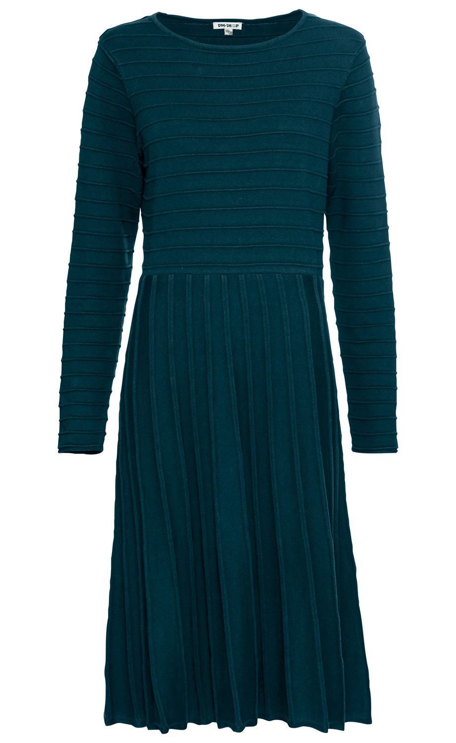 dunkelgrünes, langärmeliges Damenkleid aus geripptem Stoff, knielang, mit Rundhalsausschnitt, obere Hälfte mit horizontalem Rippenmuster, Rockteil mit vertikalen Rippen, figurbetont und elegant