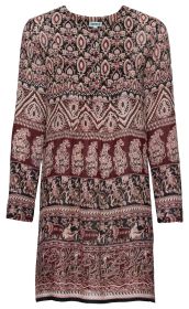 Viskose-Kleid mit langem Arm, buntem, detailreichem Ethno-Muster in Braun-, Rot- und Rosatönen, Knopfleiste am Ausschnitt, knieumspielende Länge, leichte Stoffstruktur